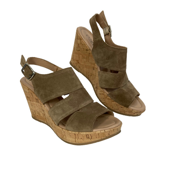 Cordani Sandals Womens Sz 8 Brown Suede Leather Peep Toe Ankle Strap Wedge - Picture 2 of 7
